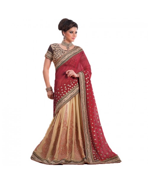 KITESHOP Cream Lace Border Wedding Lehenga Saree